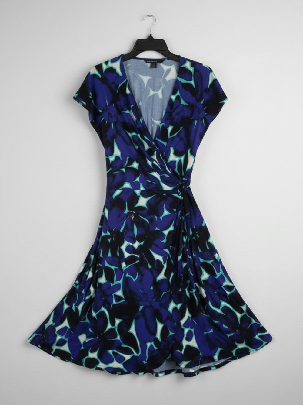 Maggy London Cobalt Blue & Green Floral Wrap Dress.  Sz 14.
